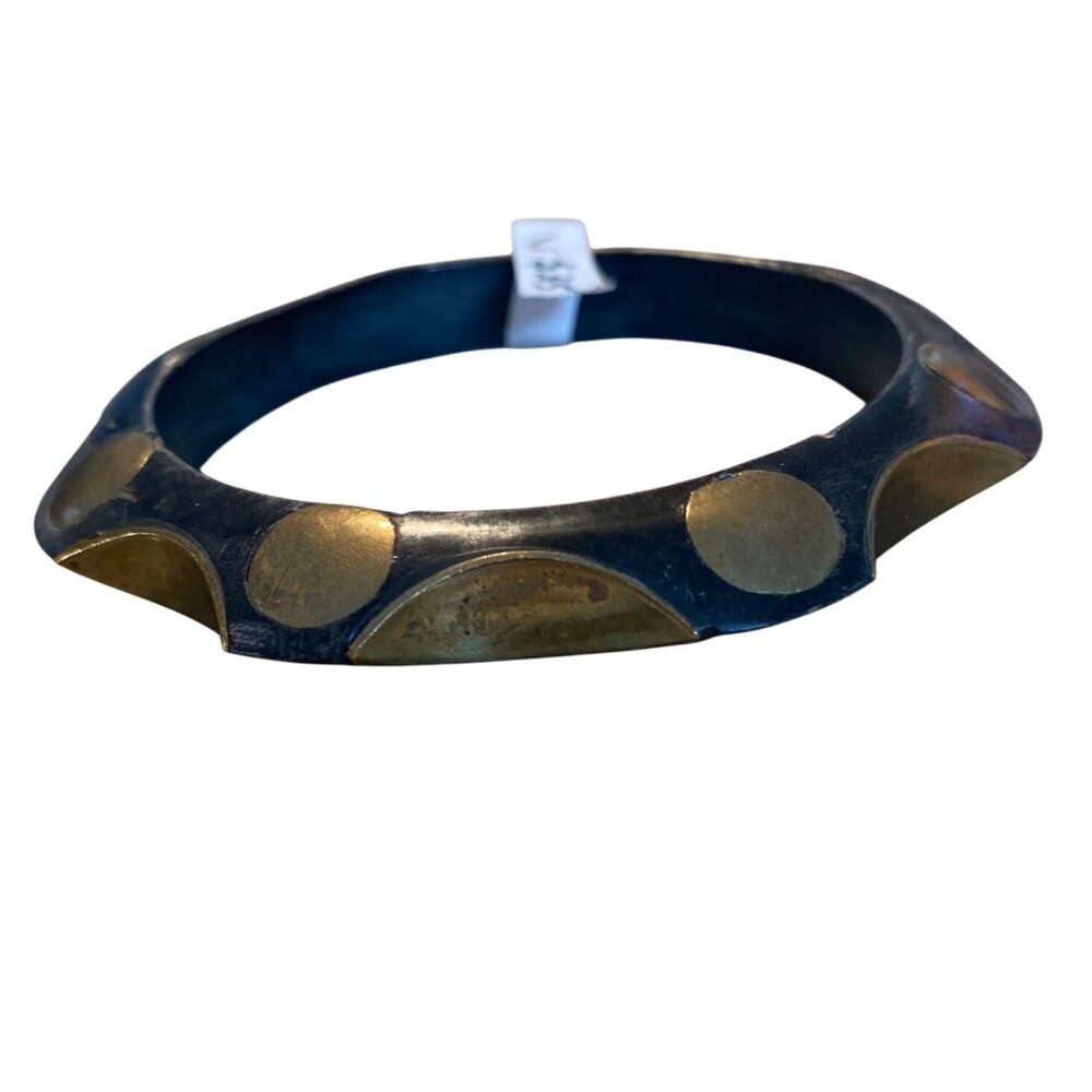 Vintage Black Stained Wood and Brass Polka Dot Bangle Bracelet With Unique Brass